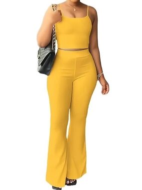 High-Waist Mustard Yellow Flare Pants with Cropped Tank Set